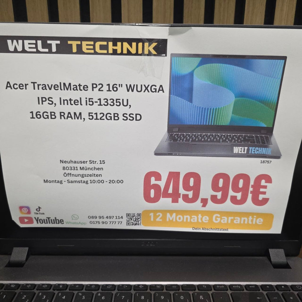 Acer TravelMate P2 16" WUXGA- Intel i5-1335U, 16GB RAM, 512GB SSD