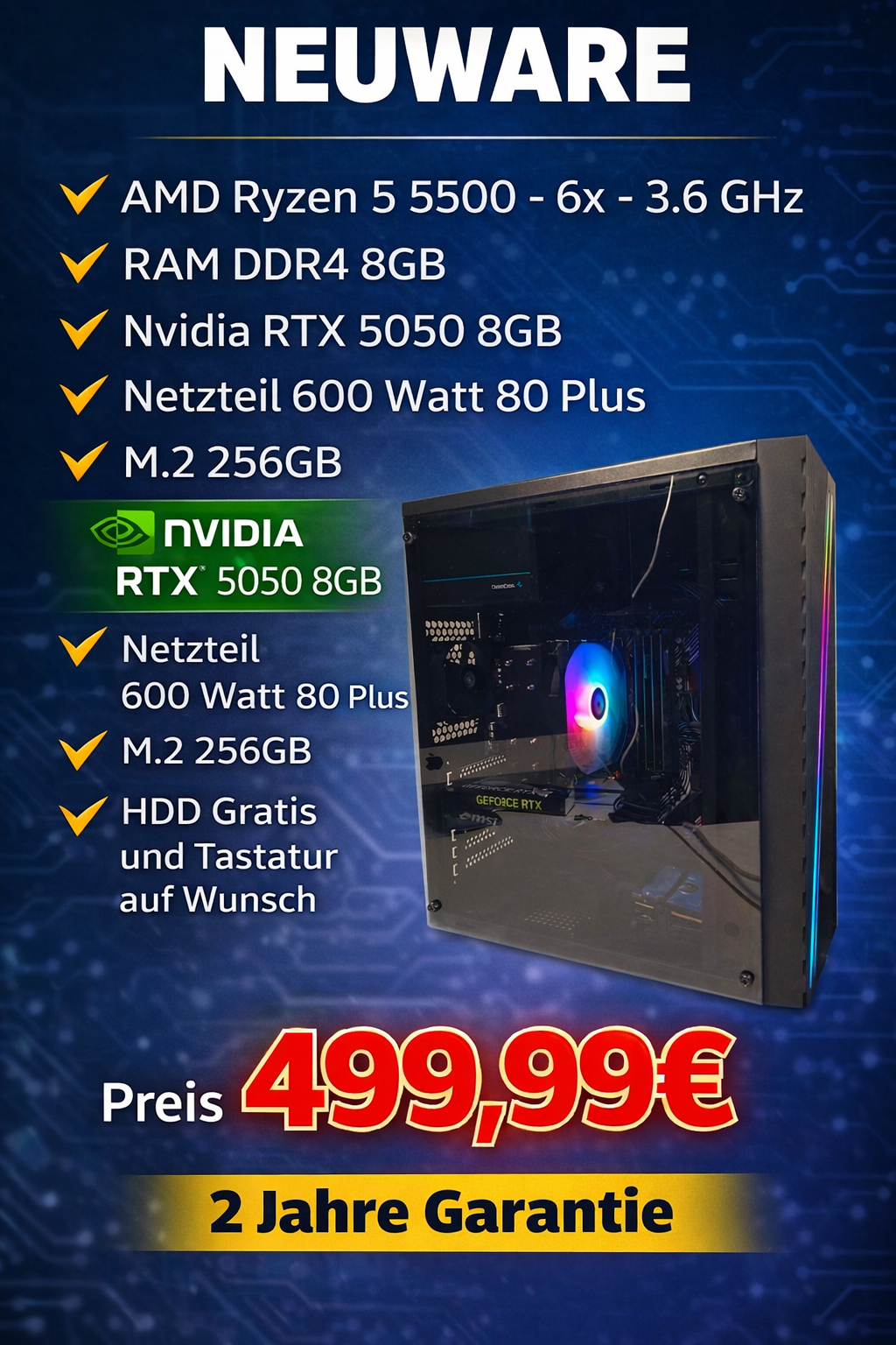 Gaming PC04 Ryzen rtx 5500 8gb 8gb ram 512gb ssd neu 2 jahre garantie